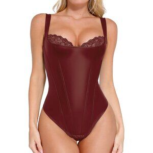Women's Dark Red Tummy Control Corset Tops Thong Faux Leather Shapewear Bodysuit